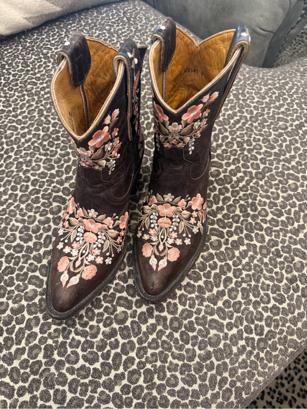 Old Gringo Dark Brown Leather Ankle Boots with Pink Floral Embroidery